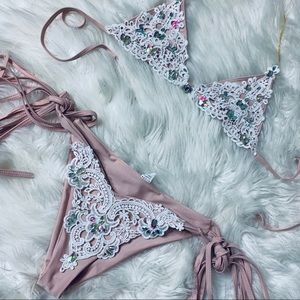 Bedazzled string bikini with crochet appliqué
